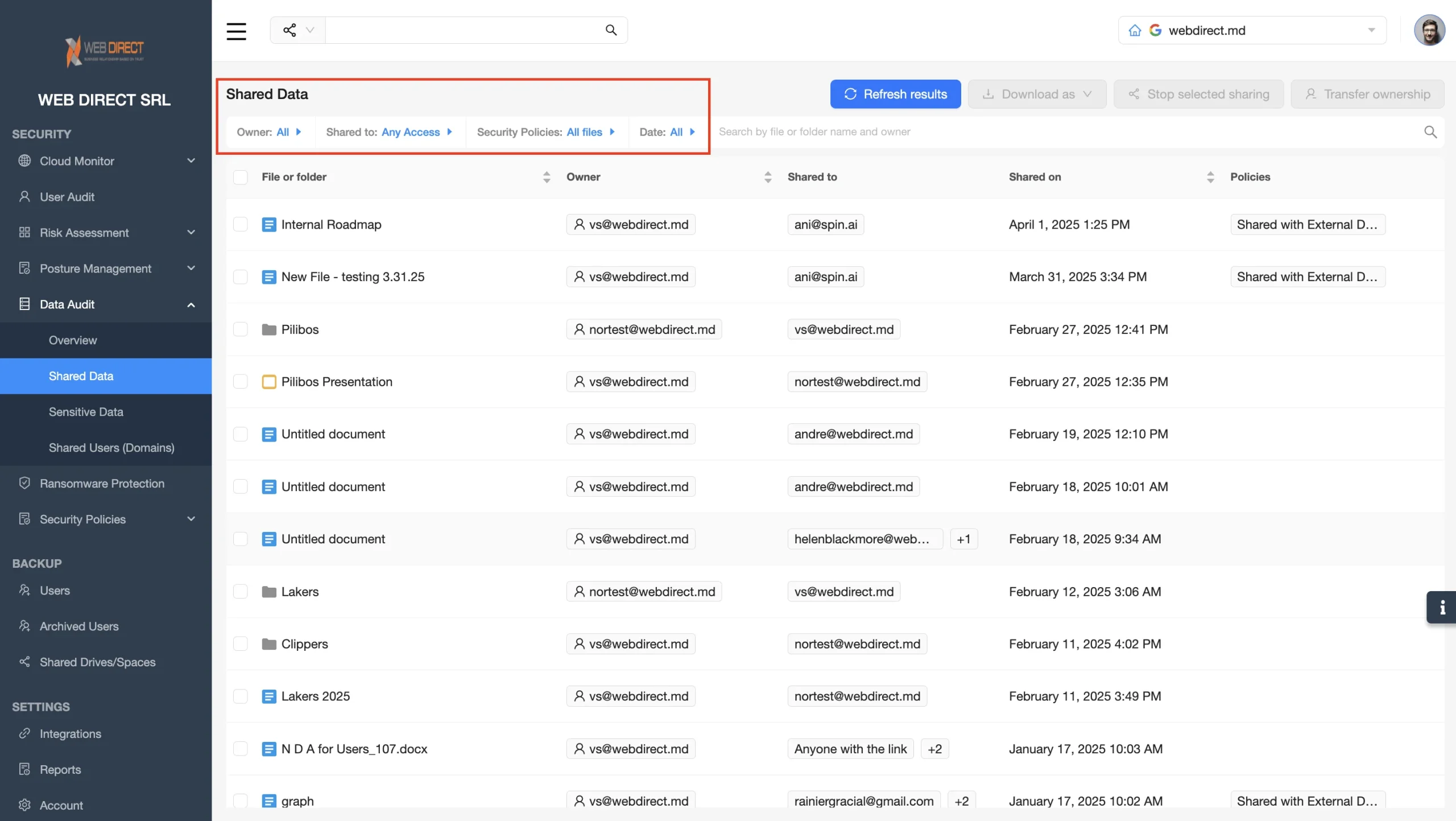 Drive Sharing Settings | Spin.AI Shared Data list in Web Direct: files with owners, share recipients, and last modified dates in a data-sharing panel