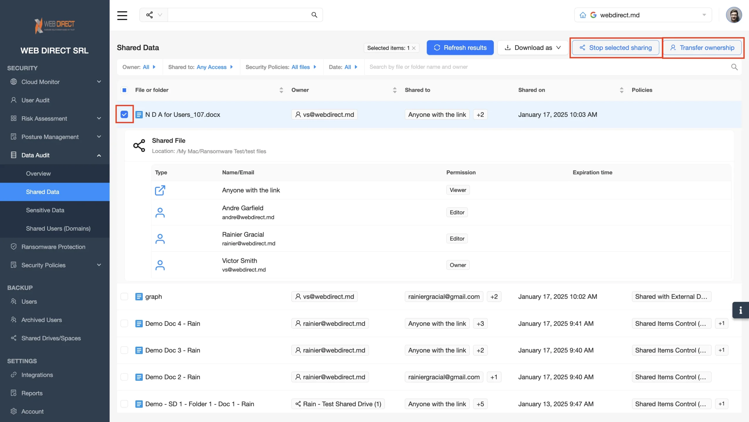 Drive Sharing Activity Overview | Spin.AI Screenshot of a data-sharing dashboard titled Shared Data, with a file list, owners, and permissions on the right; navigation menu on the left.
