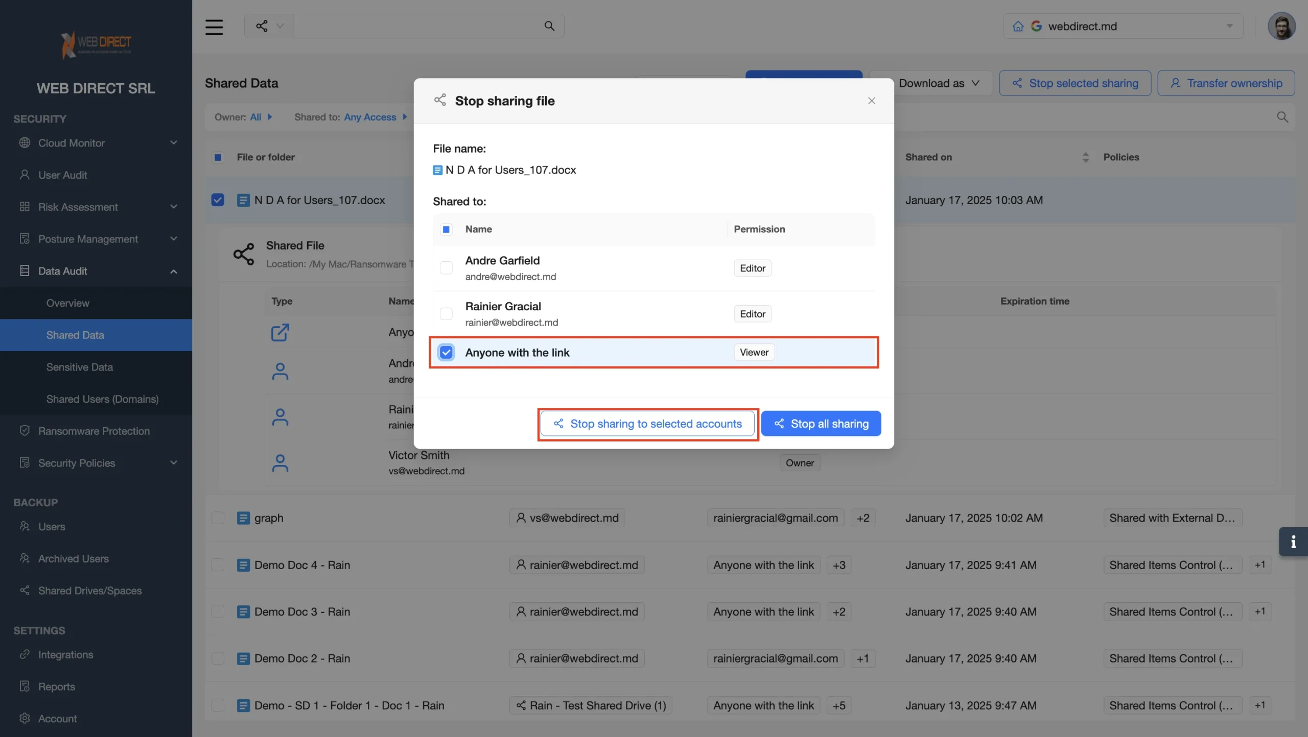 Detailed Drive Sharing Options | Spin.AI Modal: Stop sharing file with a list of recipients; 'Anyone with the link' is selected for viewing access. Buttons: 'Stop sharing to selected accounts' and 'Stop all sharing'