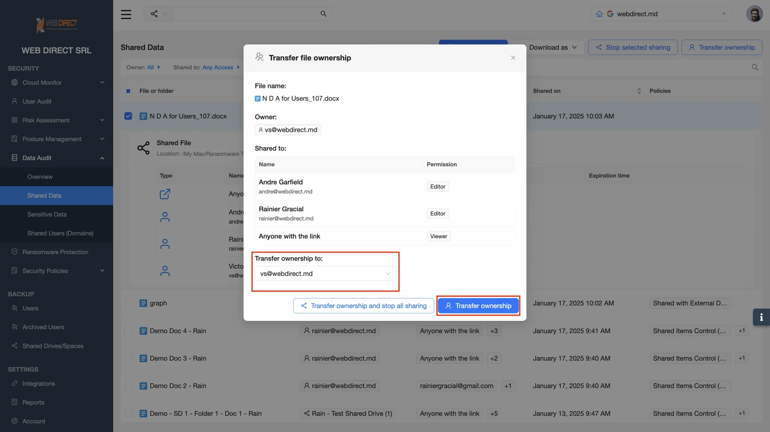 Drive Sharing Permissions | Spin.AI Modal titled 'Transfer file ownership' showing file name, current owner, and a dropdown to select a new owner; bottom buttons include 'Transfer ownership' and 'Transfer ownership and stop all sharing'