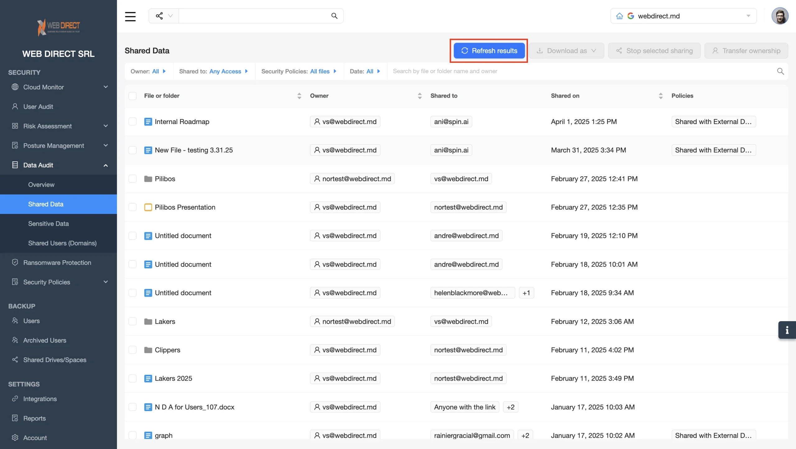 Drive Sharing Management View | Spin.AI Shared Data dashboard: list of files/folders with owners, recipients, share dates, and policies in a table view.