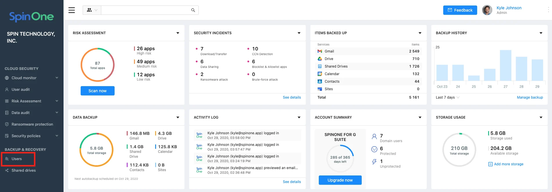 Google Account manual backup screenshot 1 | Spin.AI Screenshot of Google Account manual data backup interface on SpinOne platform