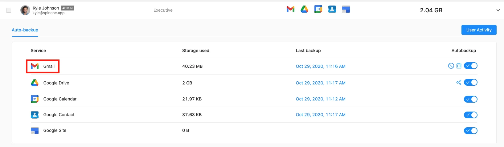 Google Account manual backup screenshot 2 | Spin.AI Screenshot of Google Account manual data backup process on SpinOne platform