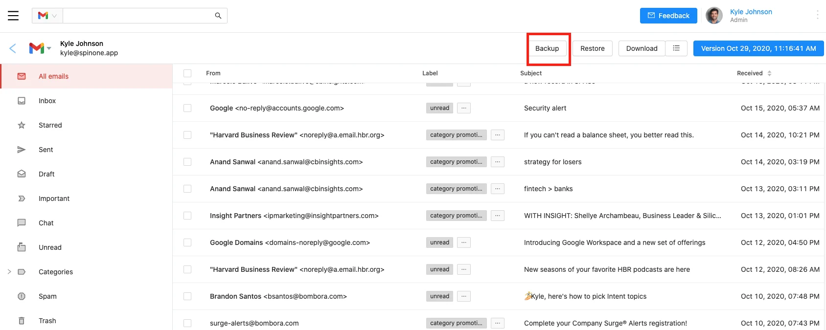 Google Account manual backup screenshot 3 | Spin.AI Gmail inbox interface with a highlighted Backup button in the top action bar on the right side of the toolbar.