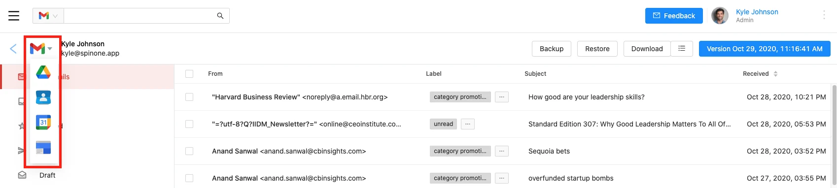 Google Account manual backup screenshot 4 | Spin.AI Screenshot illustrating Google Account manual backup features on SpinOne platform