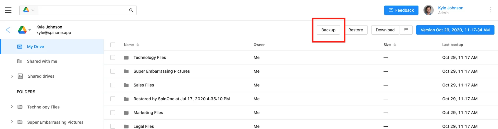 Google Account manual backup screenshot 5 | Spin.AI Screenshot of Google Account manual backup workflow on SpinOne platform