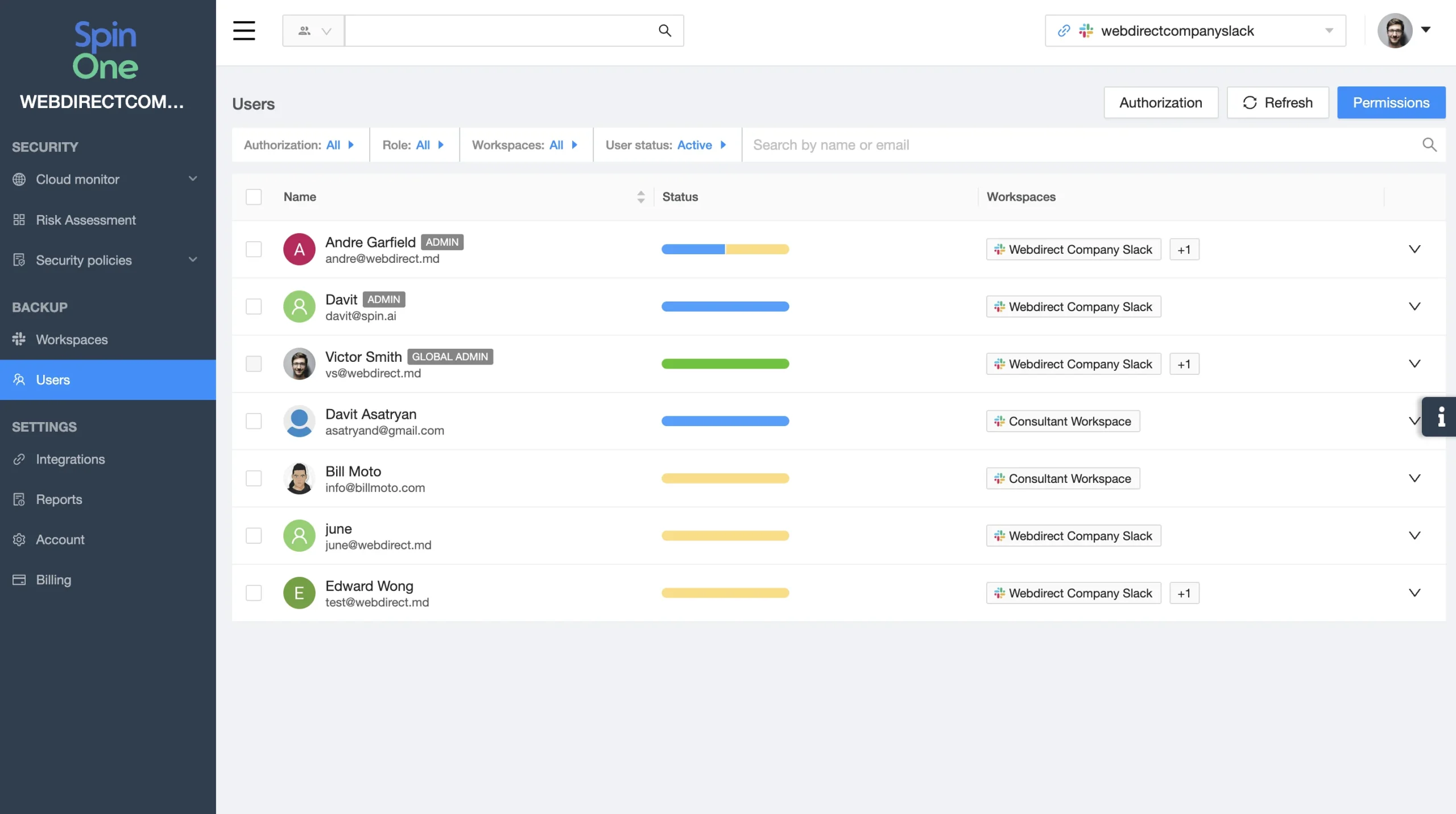 Slack user protection status screenshot | Spin.AI Screenshot of Slack user protection status on SpinOne platform