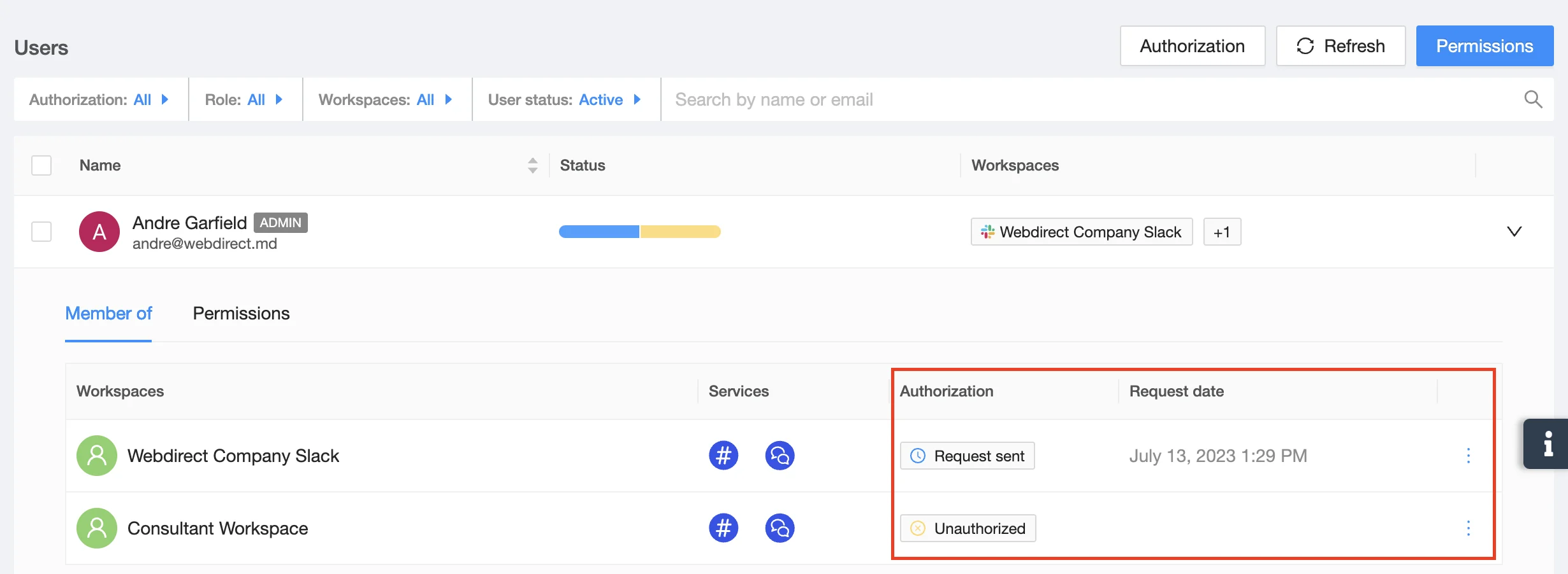 Slack user status screenshot | Spin.AI Screenshot showing Slack user status on SpinOne platform