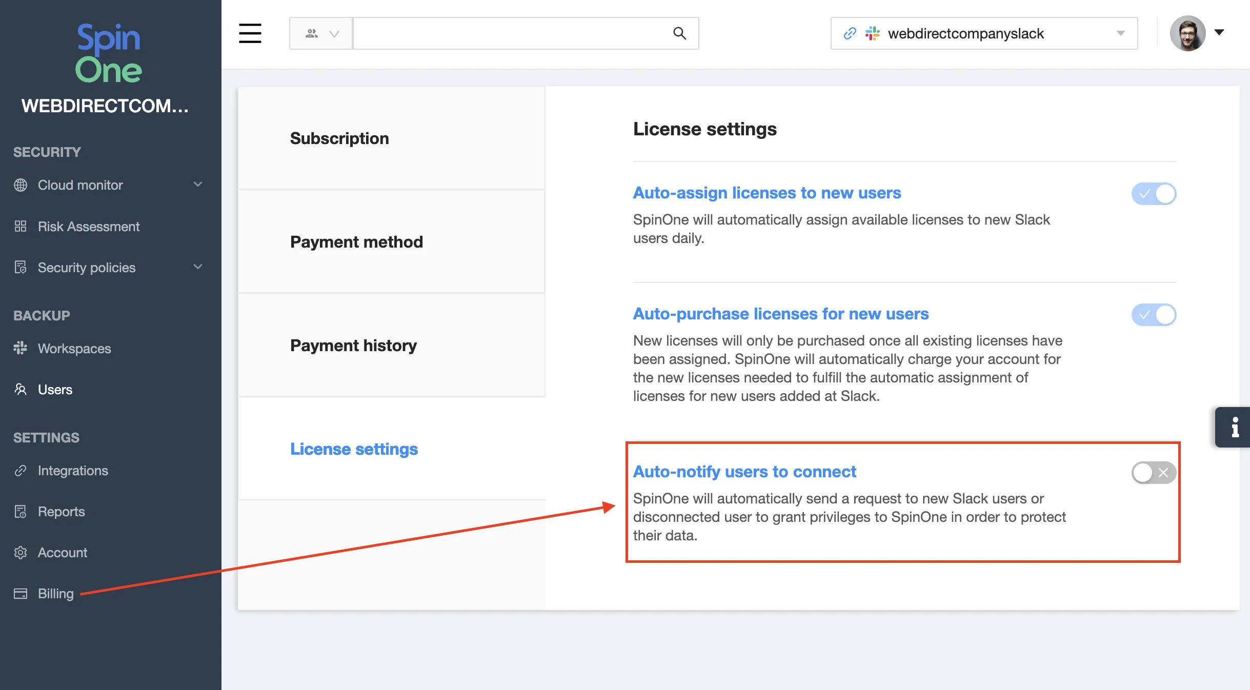 Slack auto-notification screenshot | Spin.AI Screenshot of Slack auto-notification settings on SpinOne platform