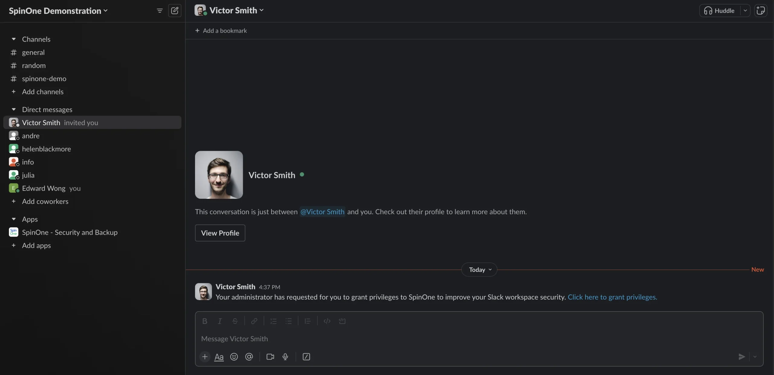 Slack test message screenshot | Spin.AI Screenshot of Slack test message feature on SpinOne platform
