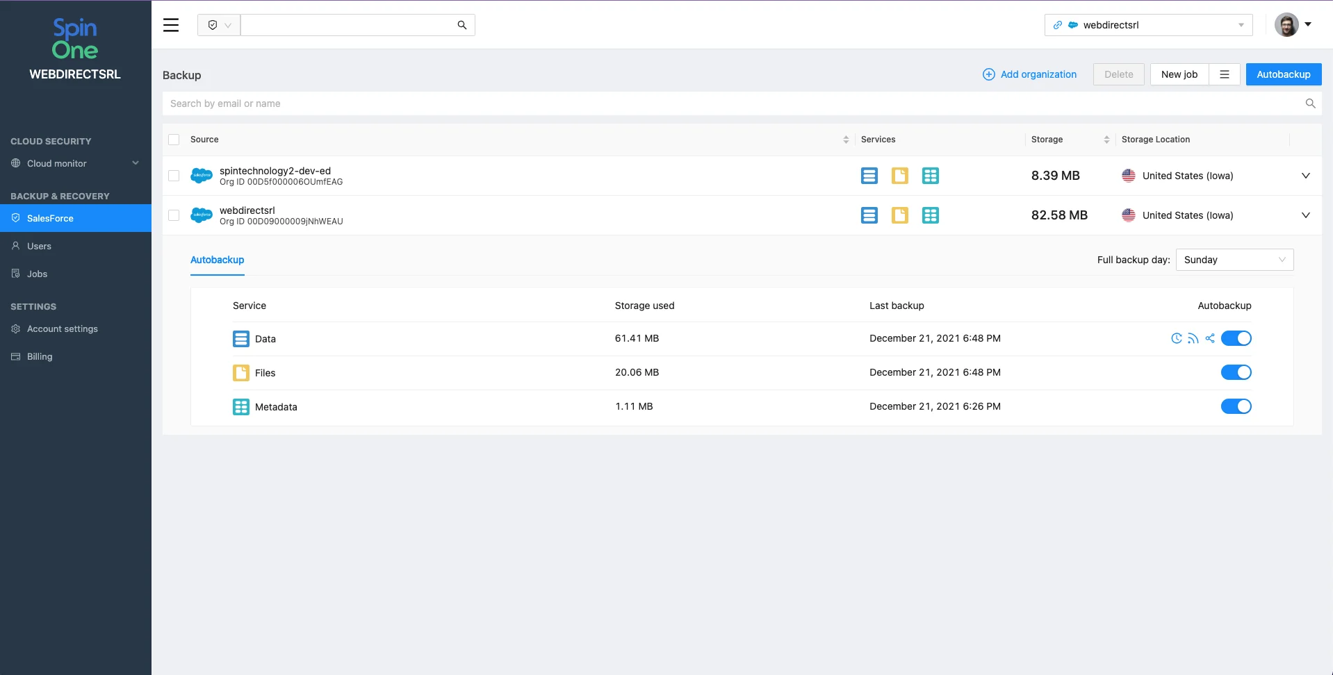 Salesforce Backup Environment Setup | Spin.AI Screenshot of Salesforce backup environment setup in SpinOne interface