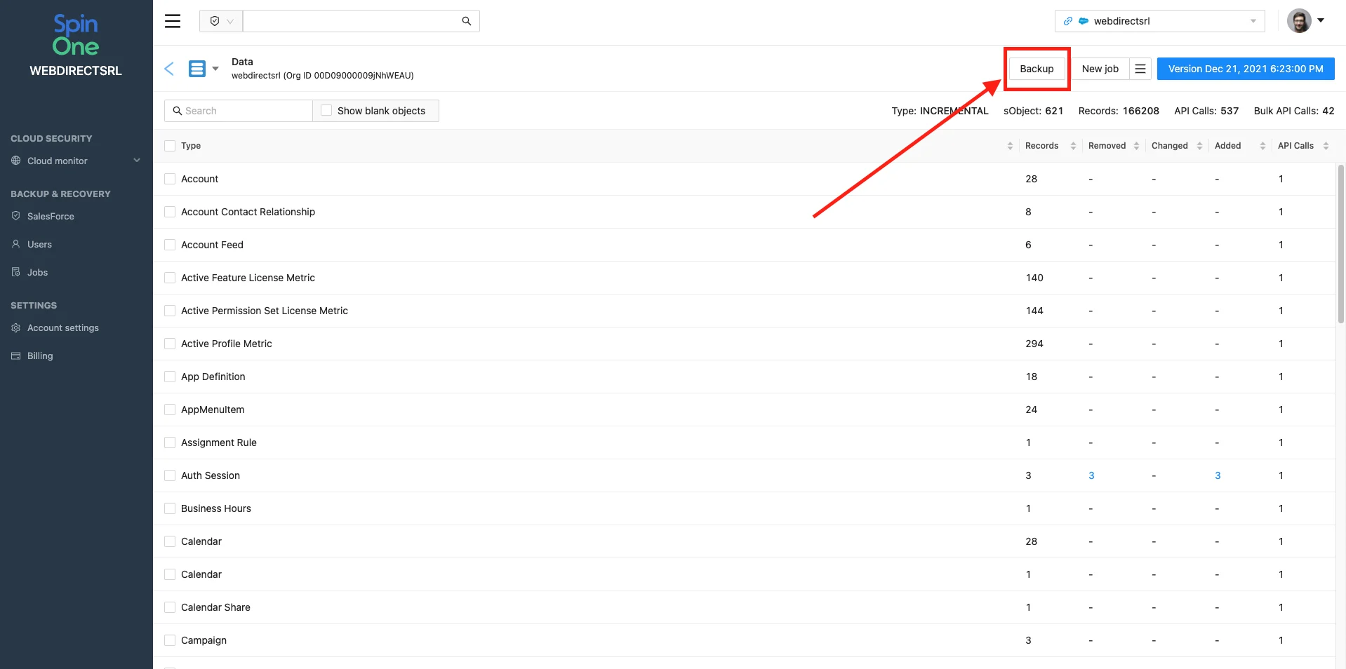 Salesforce Backup Progress | Spin.AI Screenshot displaying Salesforce backup progress and status in SpinOne