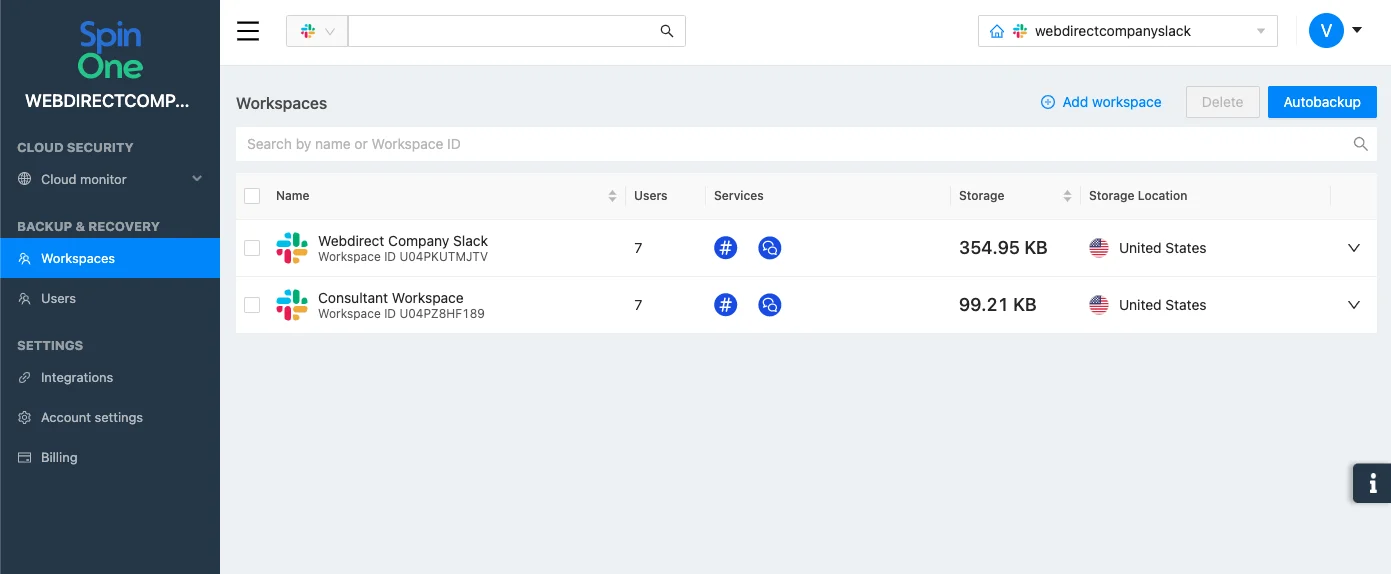 Slack Workspaces List | Spin.AI Slack workspaces list for data download in SpinOne