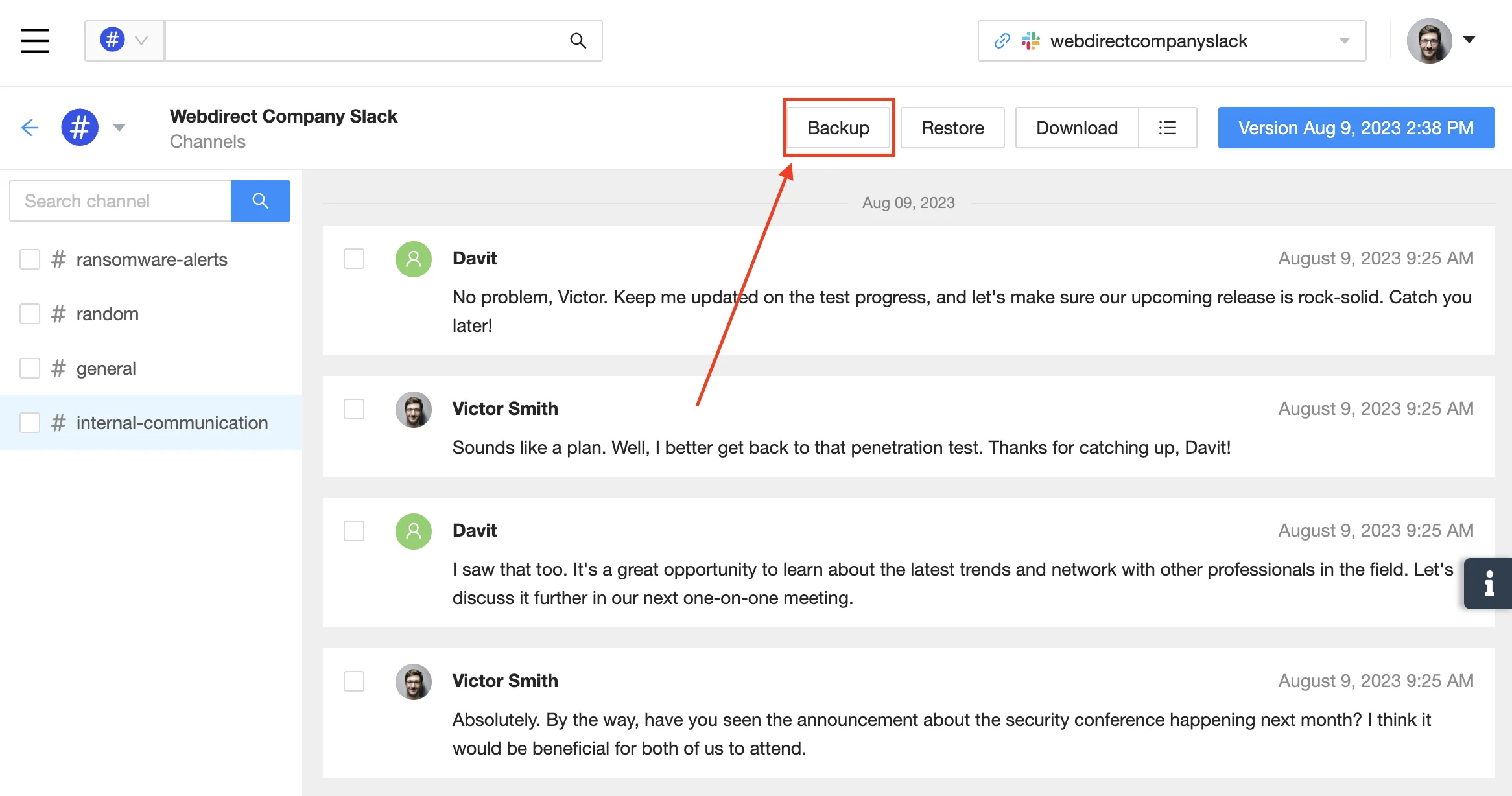 Slack Manual Backup Process | Spin.AI Screenshot of manual backup process for Slack data in SpinOne