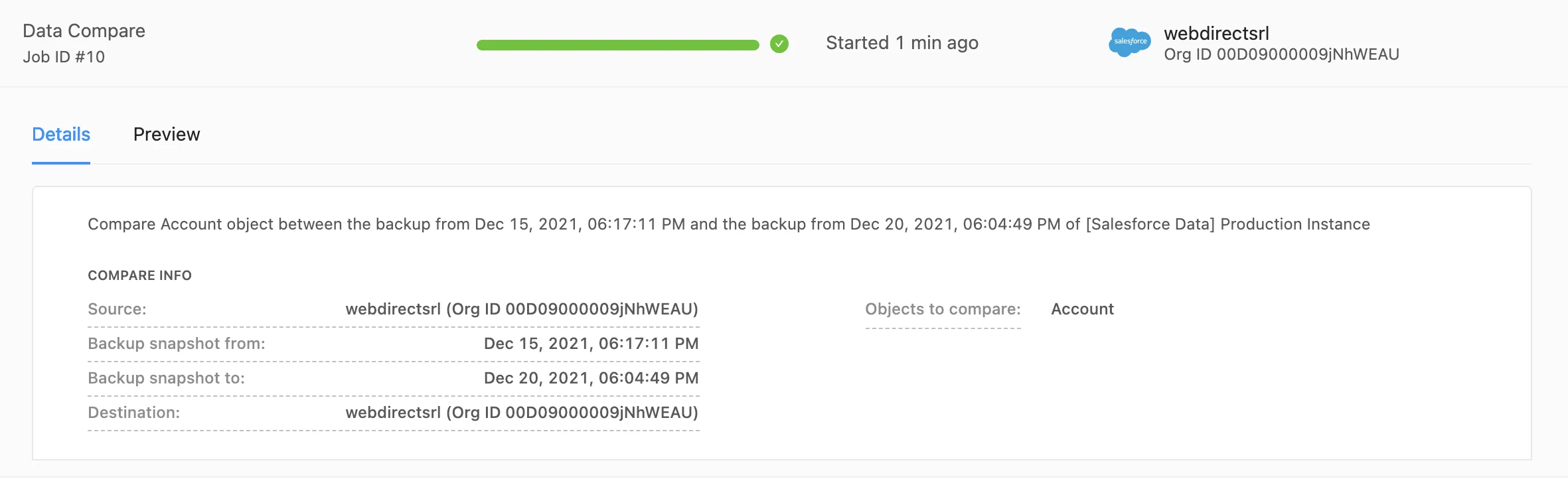 Screenshot showing Salesforce backup data comparison analytics in SpinOne