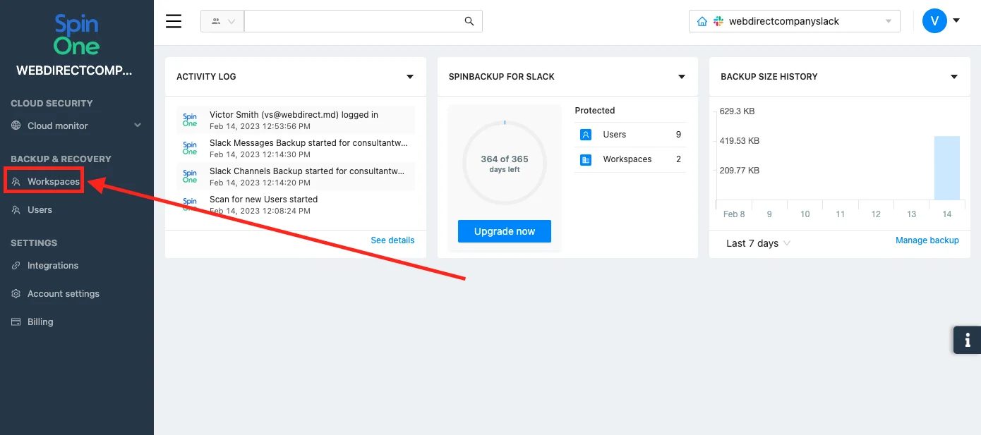 Screenshot of Slack workspace connection screen in SpinOne