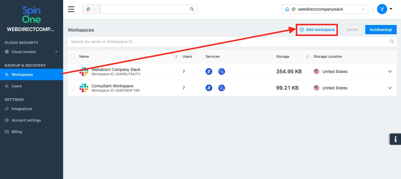 Screenshot showing add new Slack workspace screen in SpinOne