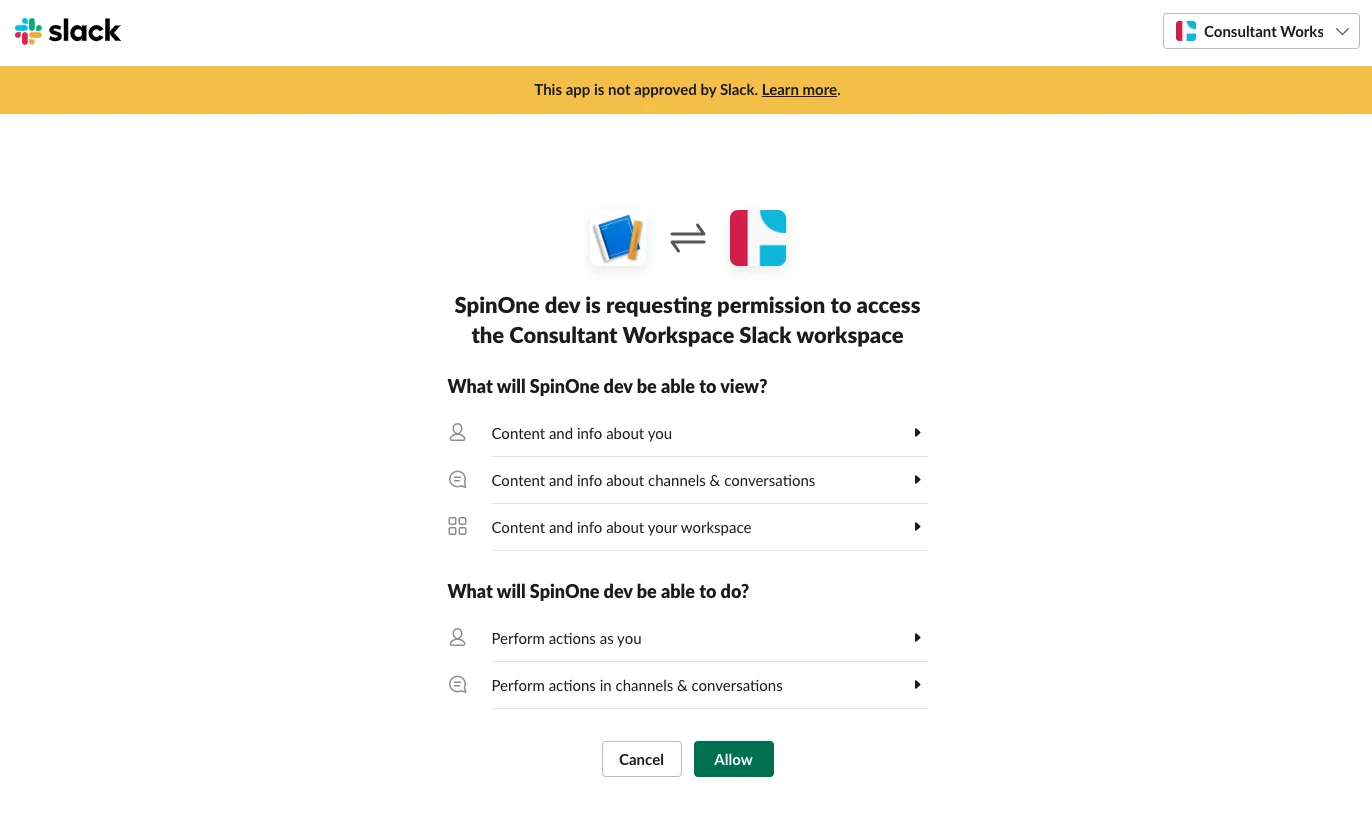 Screenshot displaying Slack workspace permissions settings in SpinOne