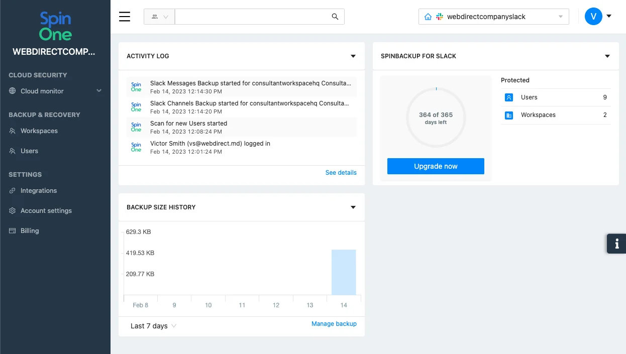 Spin.AI dashboard showing Slack workspace connection interface
