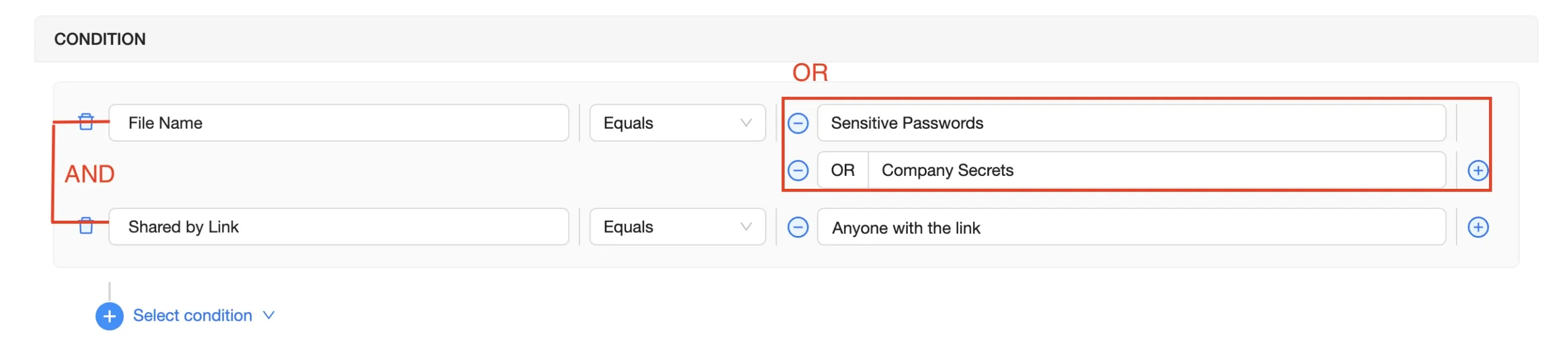 Data Policy Conditions Setup | Spin.AI Spin.AI screen displaying data policy conditions setup