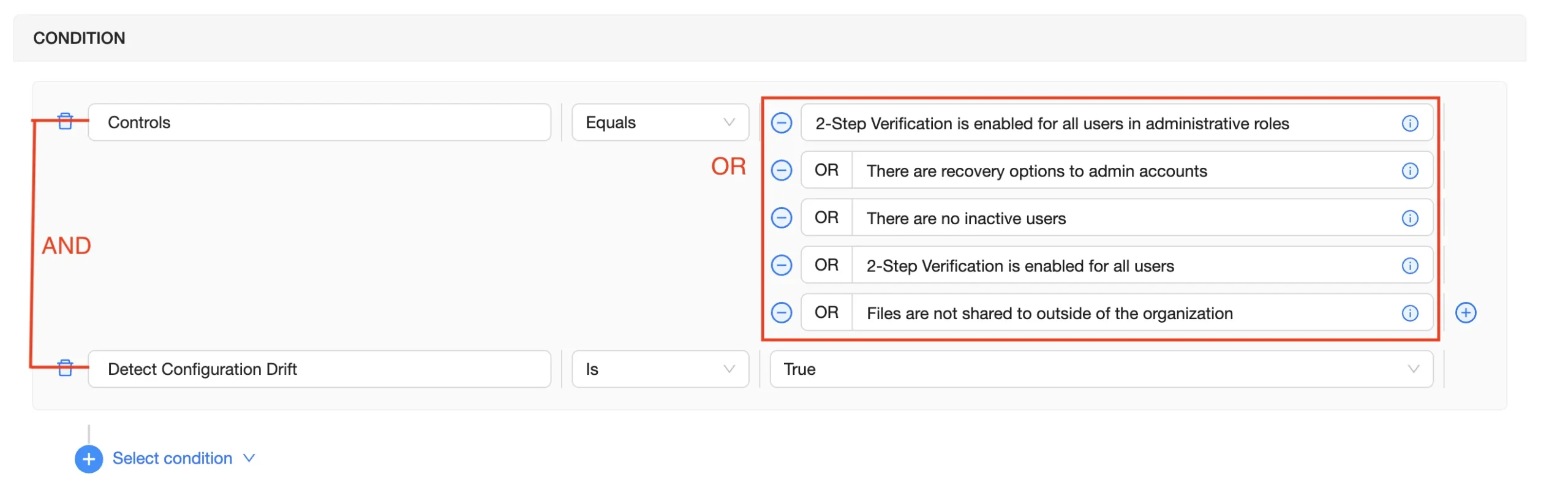 Posture Policy Conditions Setup | Spin.AI Spin.AI screen displaying posture policy conditions configuration