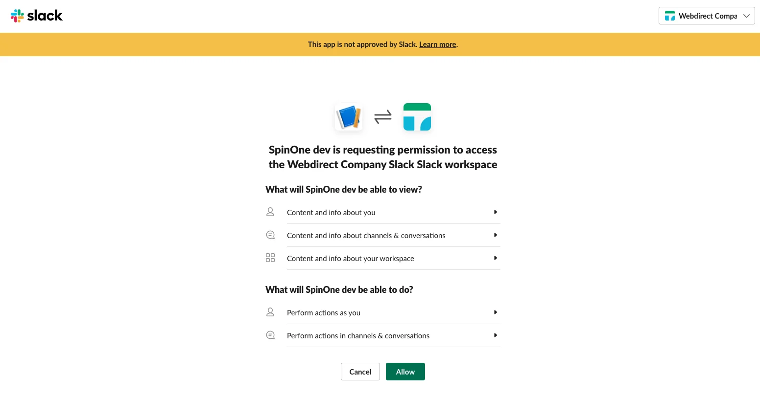 Slack Workspace Registration | Spin.AI Spin.AI Slack workspace registration page screenshot from February 2023