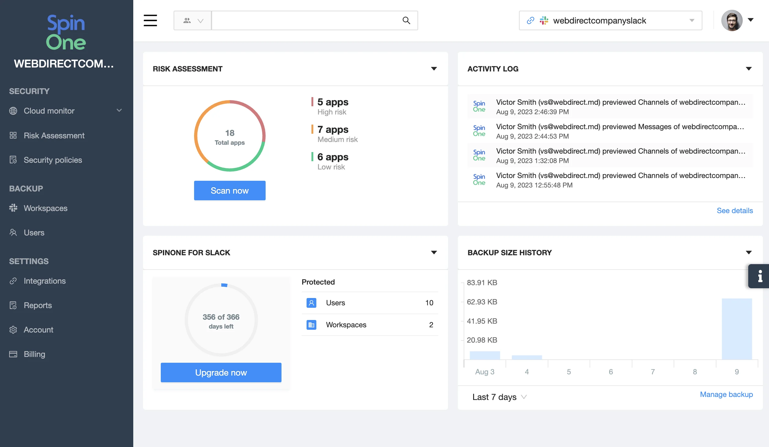 Spin.AI Dashboard View | Spin.AI Spin.AI dashboard view after Slack workspace registration
