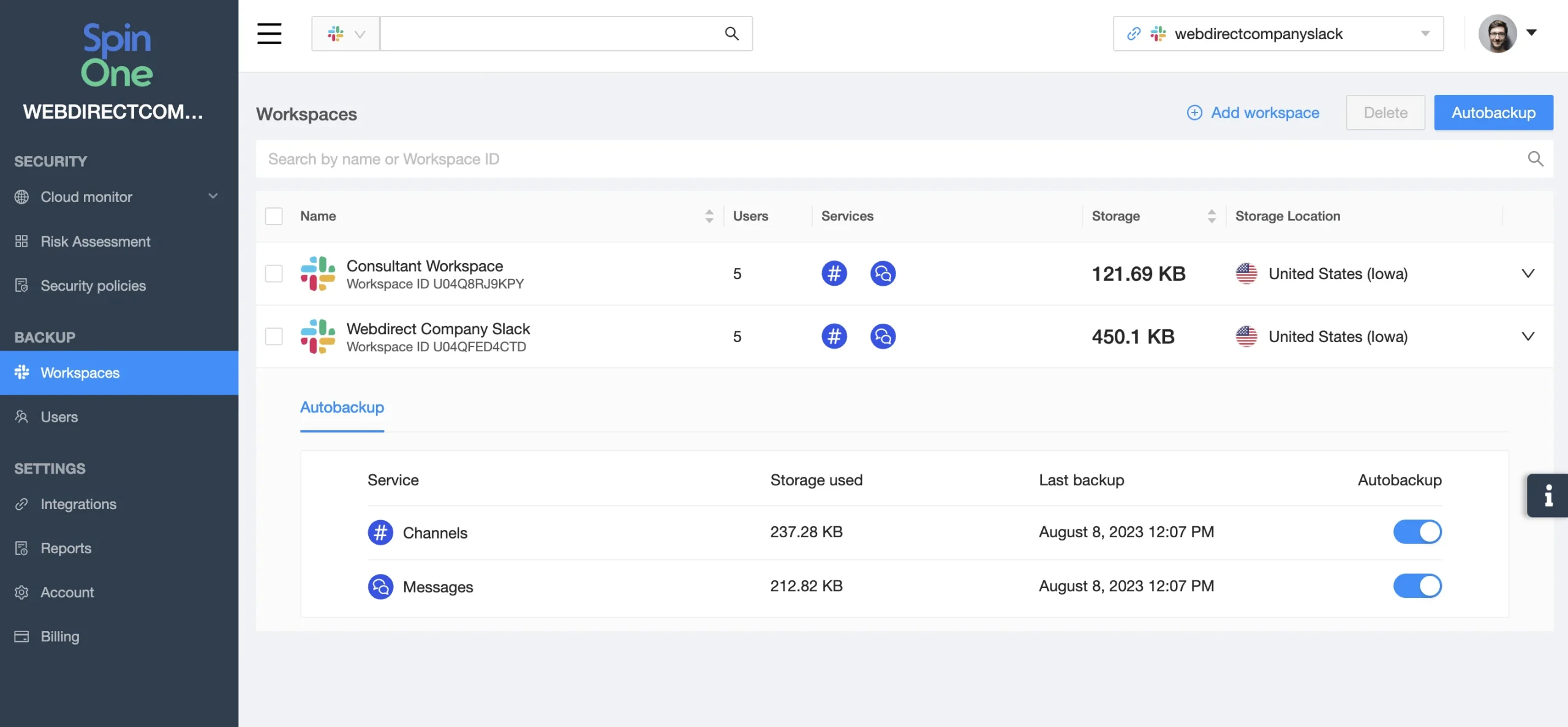 Screenshot showing Slack workspace layout in Spin.AI backup restore tool