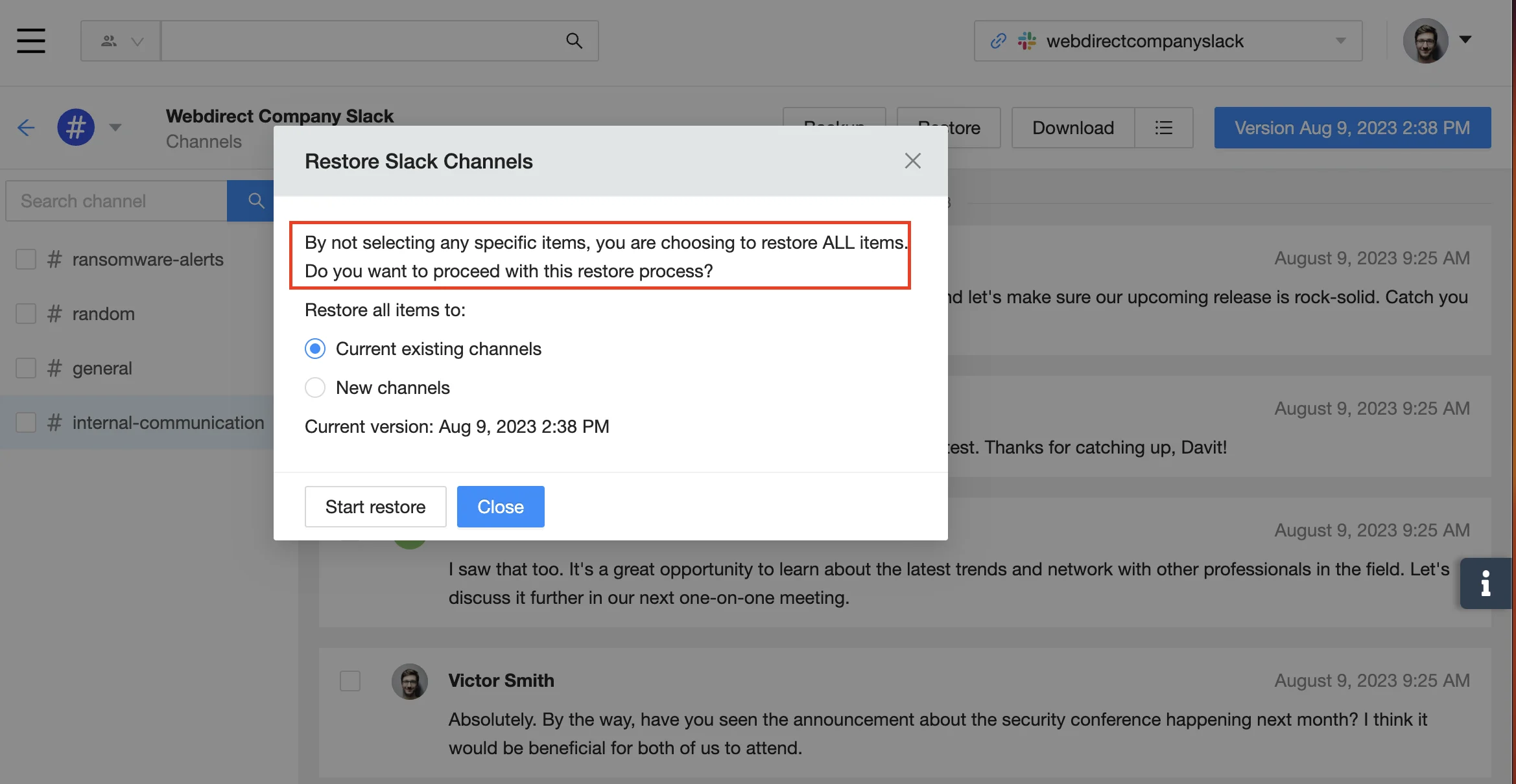 Restore All Slack Data | Spin.AI Spin.AI interface showing option to restore all Slack data