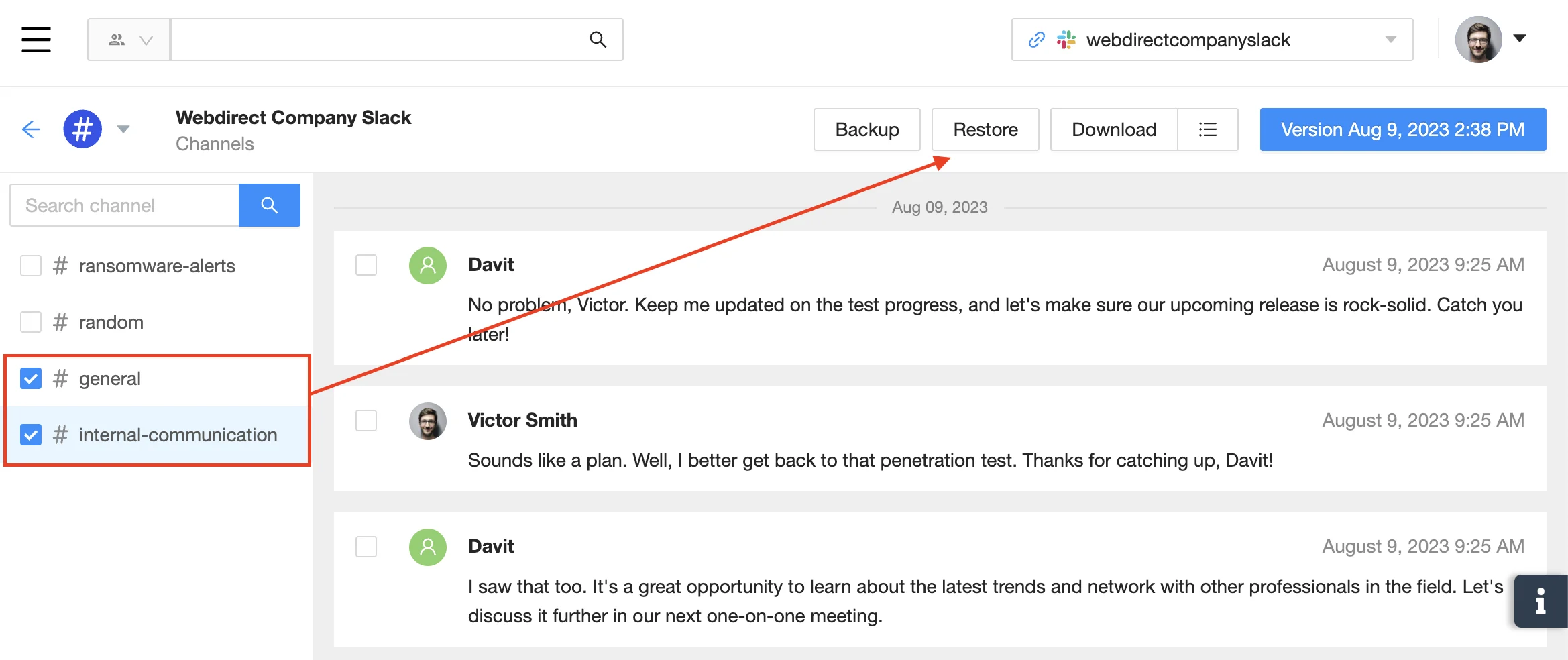 Restore Specific Slack Channels | Spin.AI Spin.AI interface showing option to restore specific Slack channels