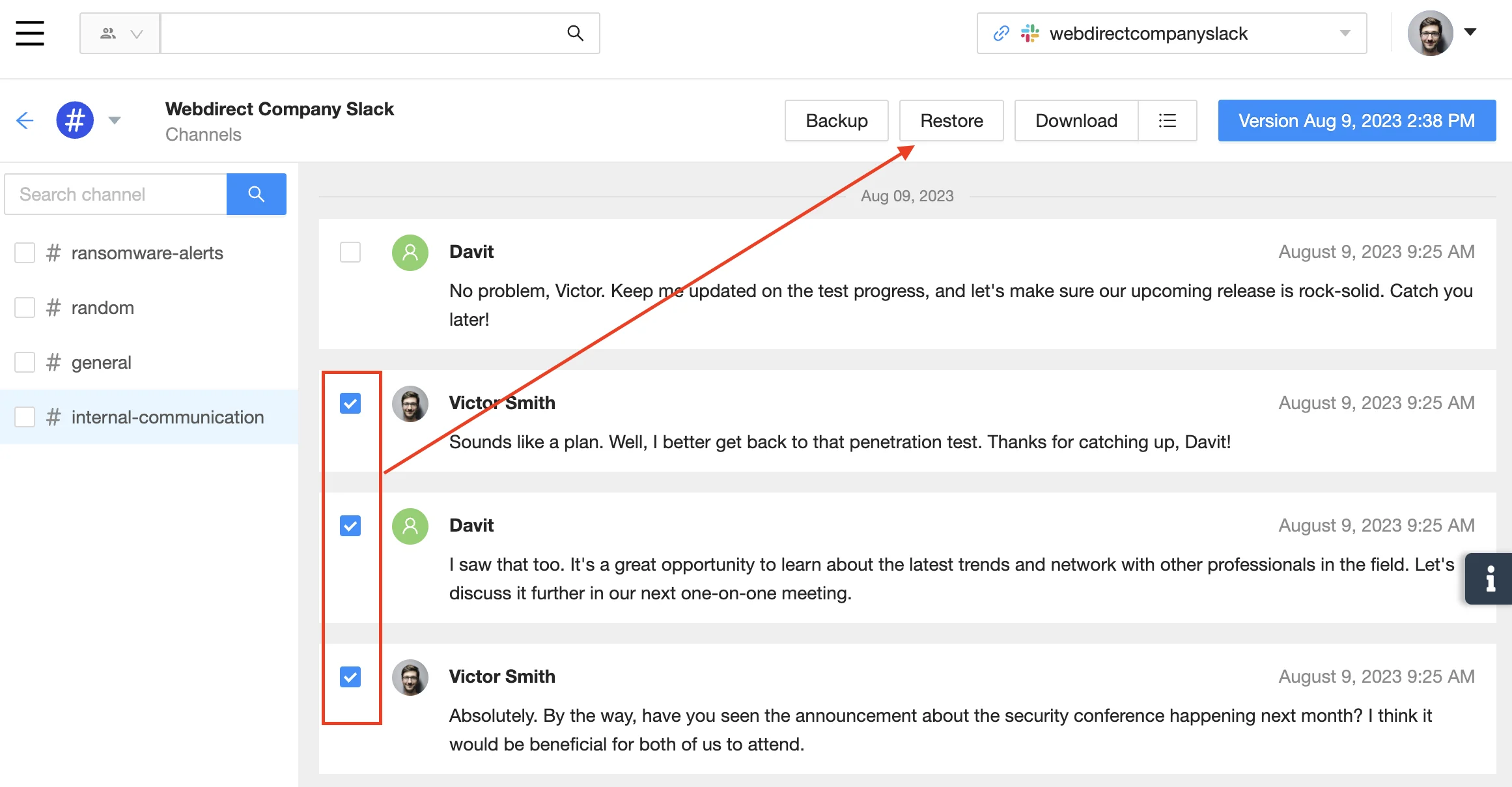 Restore Specific Slack Messages | Spin.AI Spin.AI tool screenshot restoring specific Slack messages