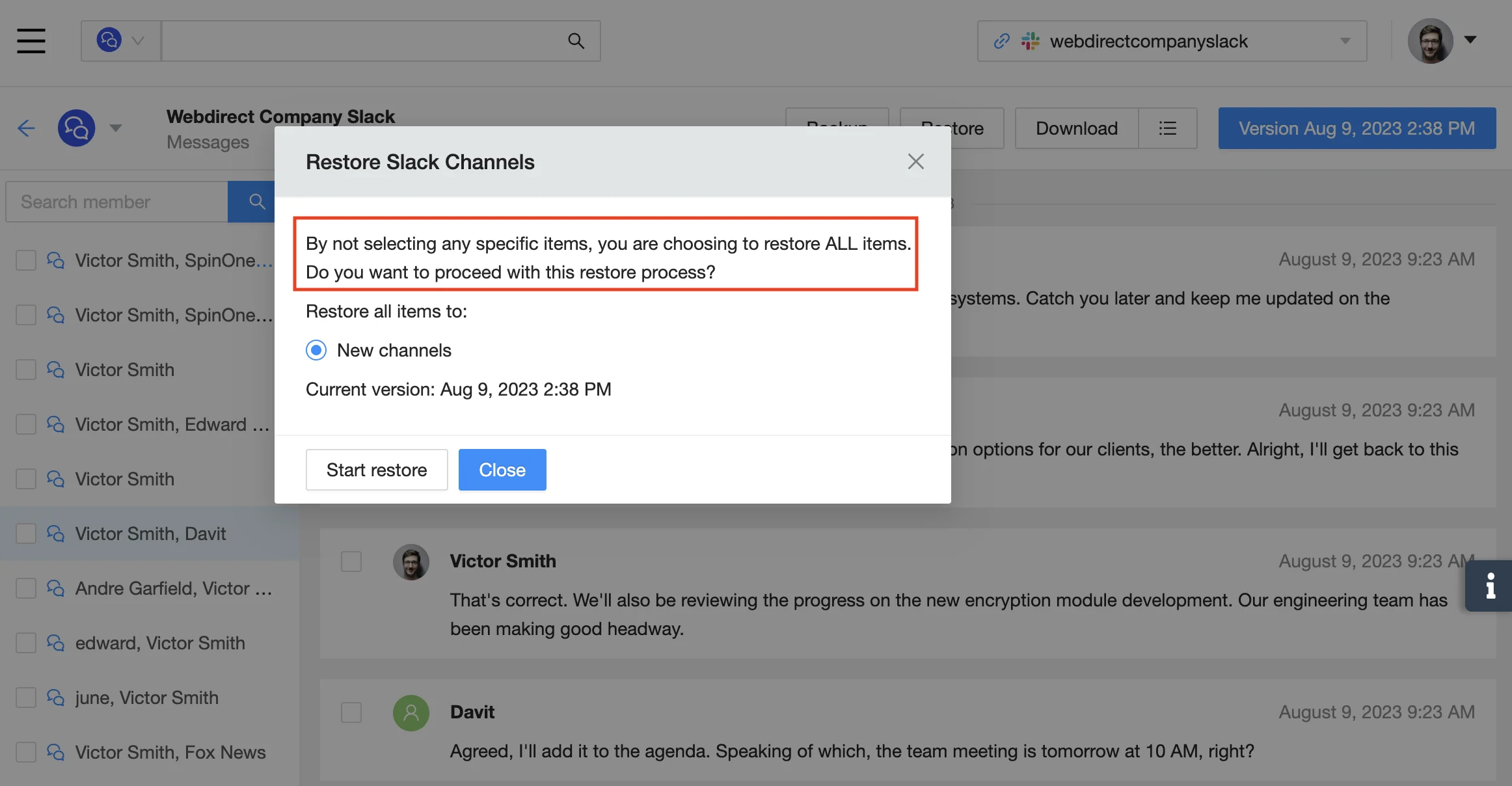 Restore All Slack Messages | Spin.AI Screenshot of Spin.AI interface showing option to restore all Slack messages