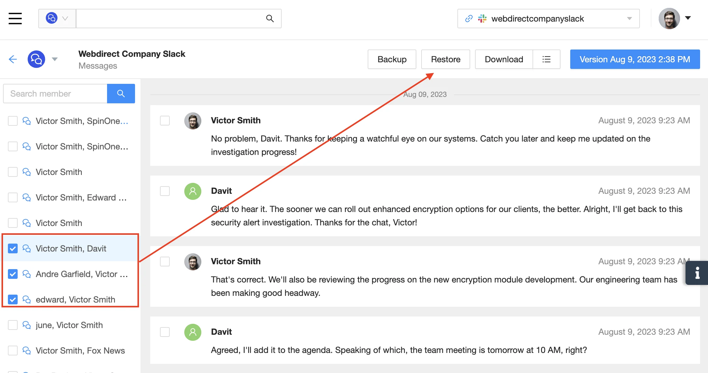 Restore Specific Slack Groups | Spin.AI Screenshot of Spin.AI tool restoring specific Slack groups
