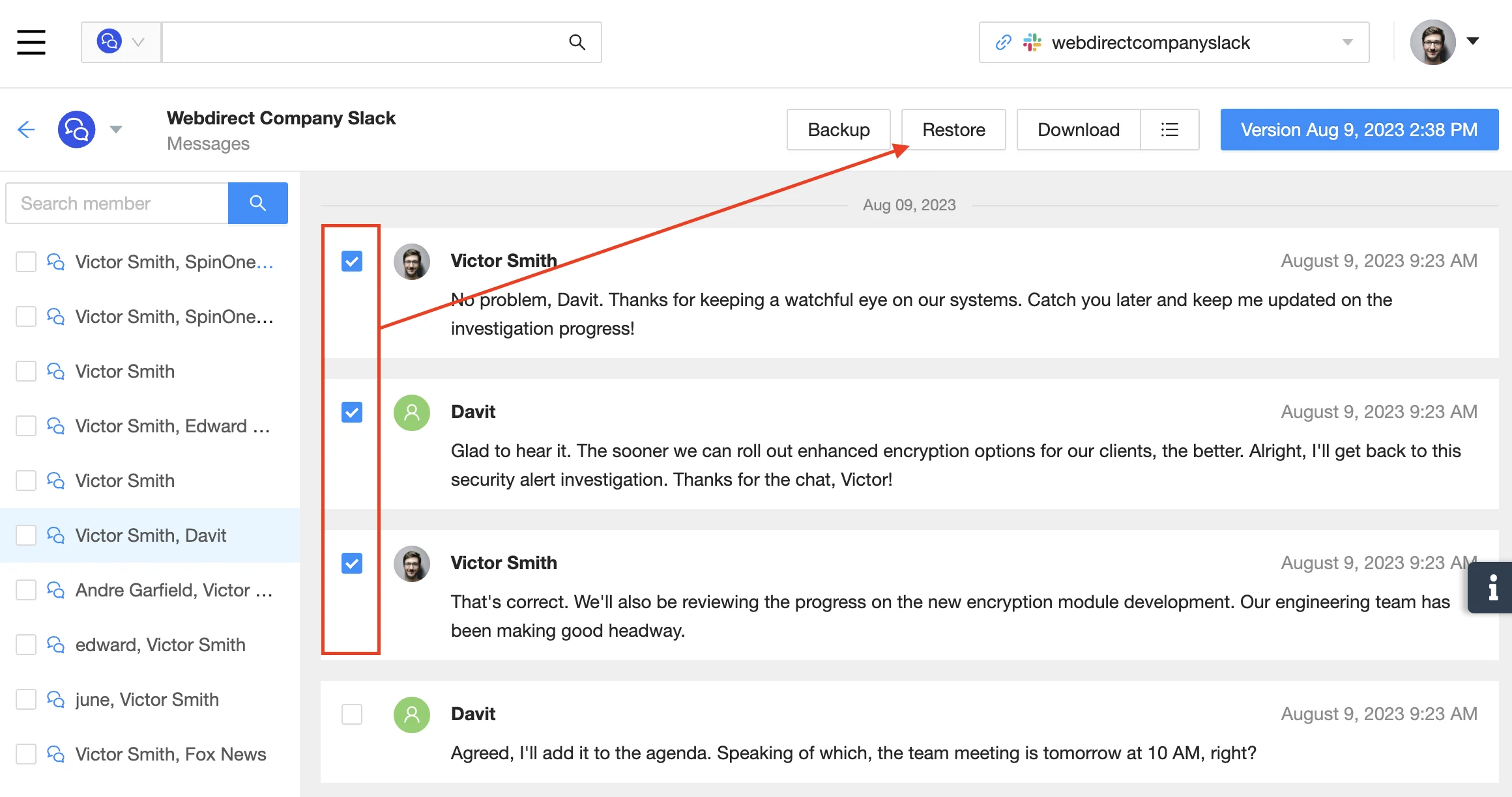 Restore Some Slack Messages | Spin.AI Screenshot of Spin.AI interface showing option to restore some Slack messages