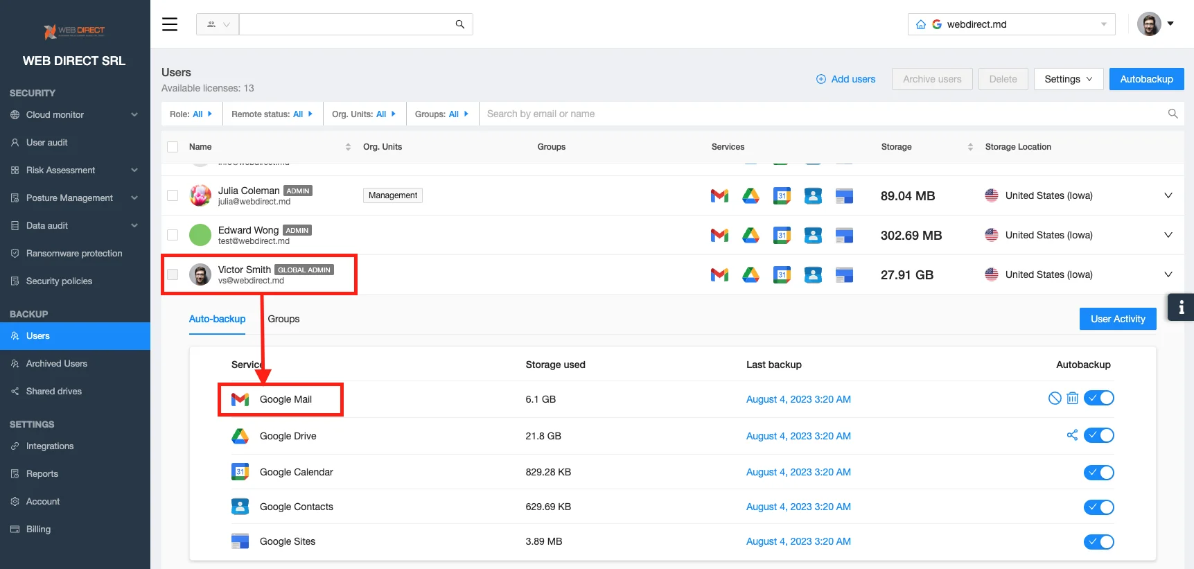 Google Workspace User Selection | Spin.AI User selection interface screenshot for searching backed up Google Workspace data