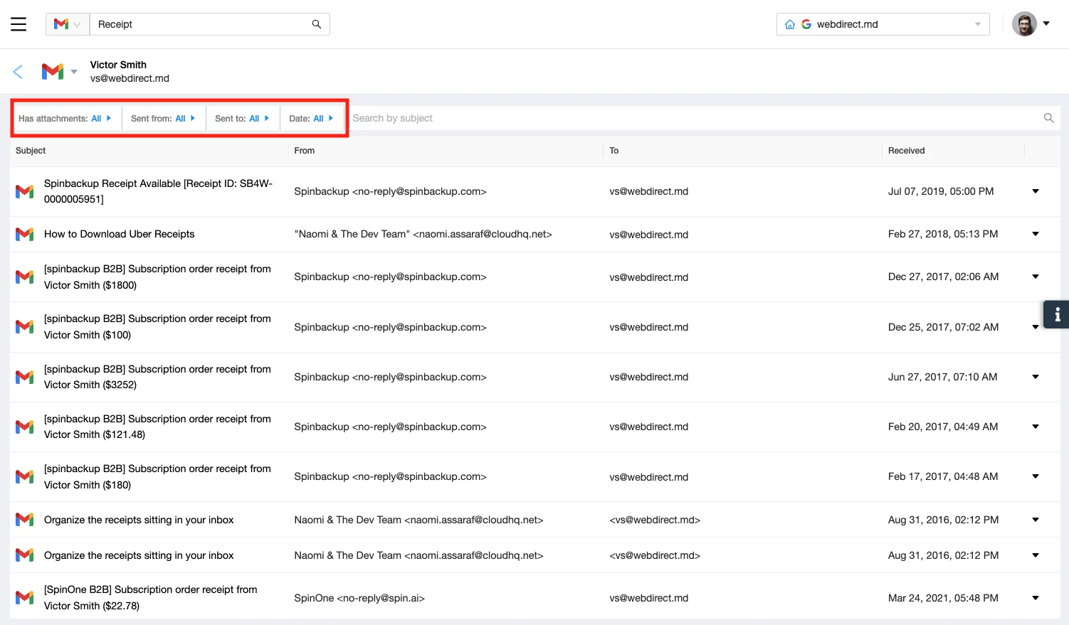 Google Workspace Search Filters | Spin.AI Search filters screenshot for backed up Google Workspace data