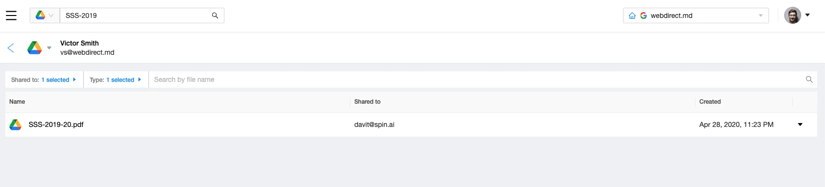 Google Workspace Backup Search | Spin.AI Google Workspace backup search interface showing search results at 12:44 PM
