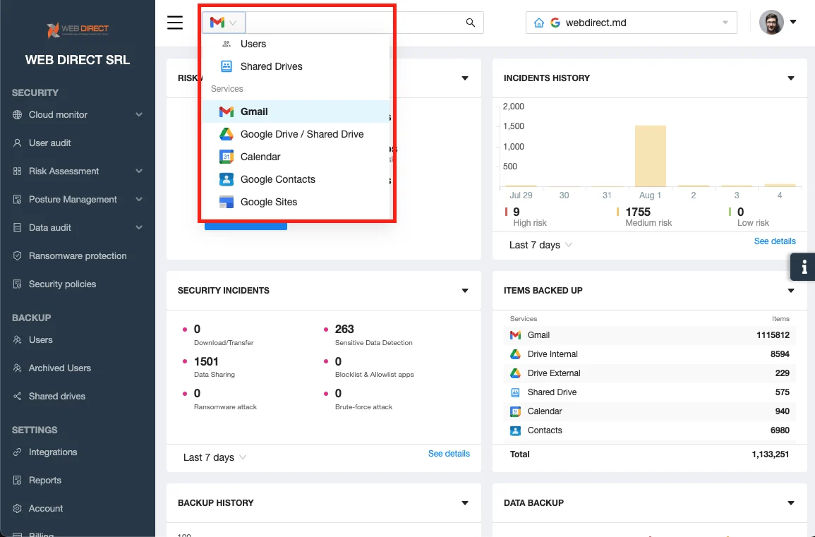 Global Search in Google Workspace Backup | Spin.AI Global search feature displaying results in Google Workspace backup data
