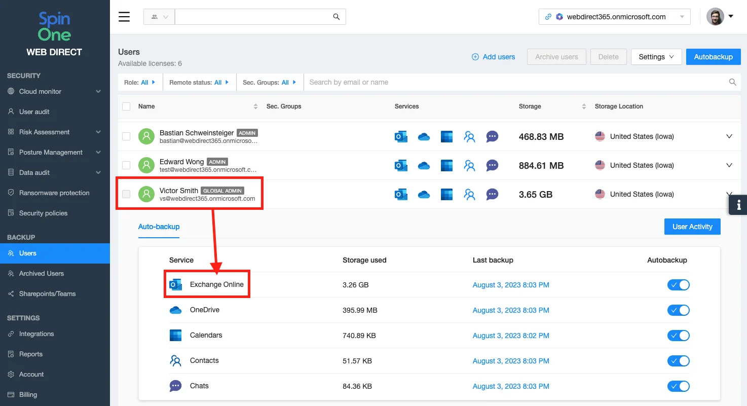 User inbox search interface showing Microsoft 365 backup search results