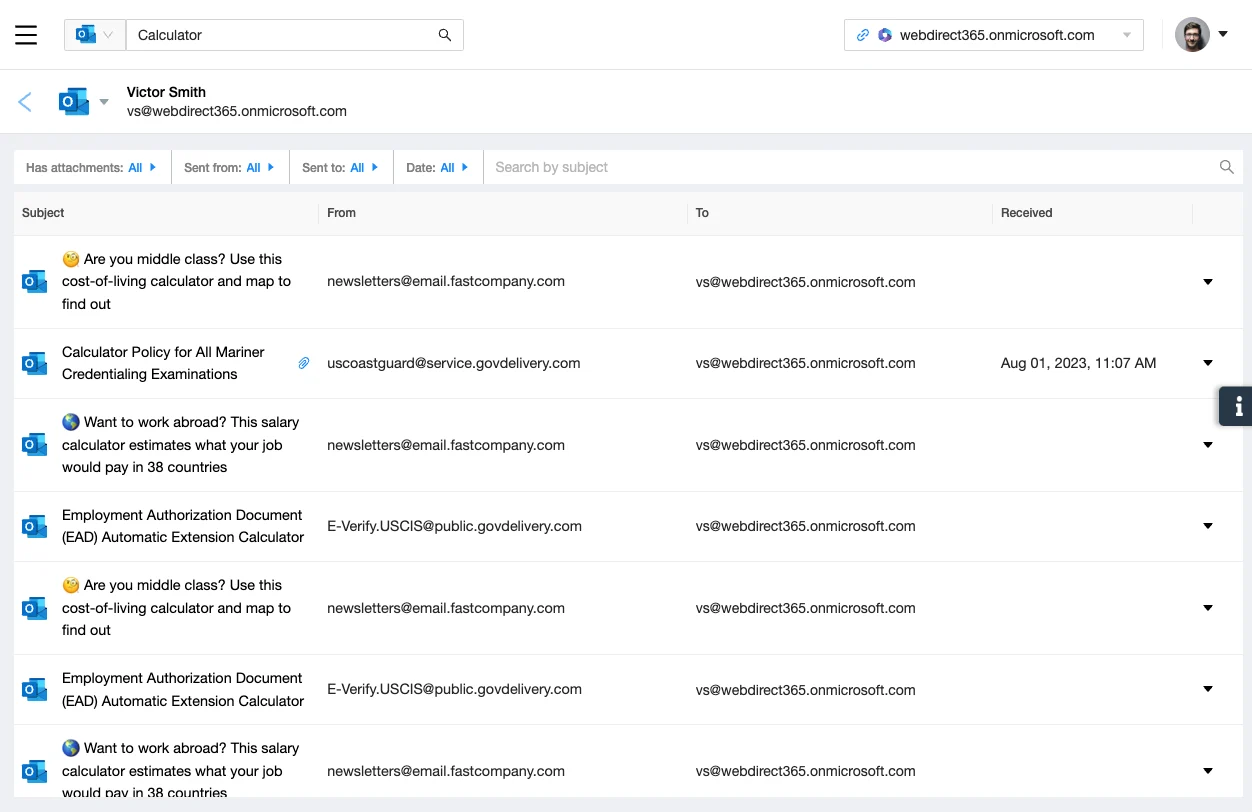 Interface showing user email search in Microsoft 365 backup by Spin.AI