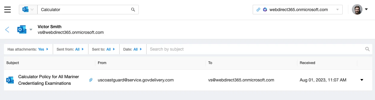 View of mail attachment search in Microsoft 365 backup by Spin.AI