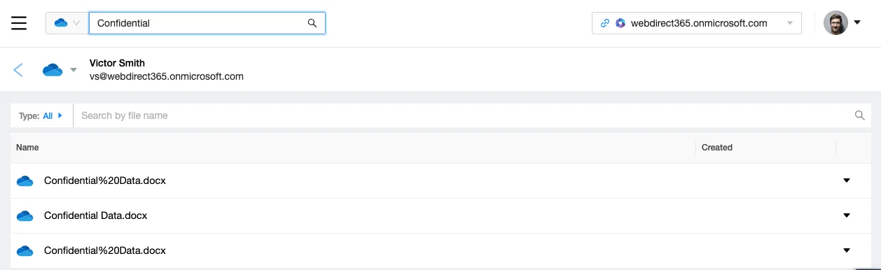 Interface displaying user drive search in Microsoft 365 backup by Spin.AI