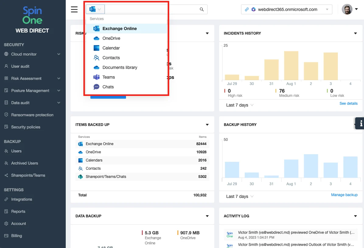 Microsoft 365 backup interface showing global search feature