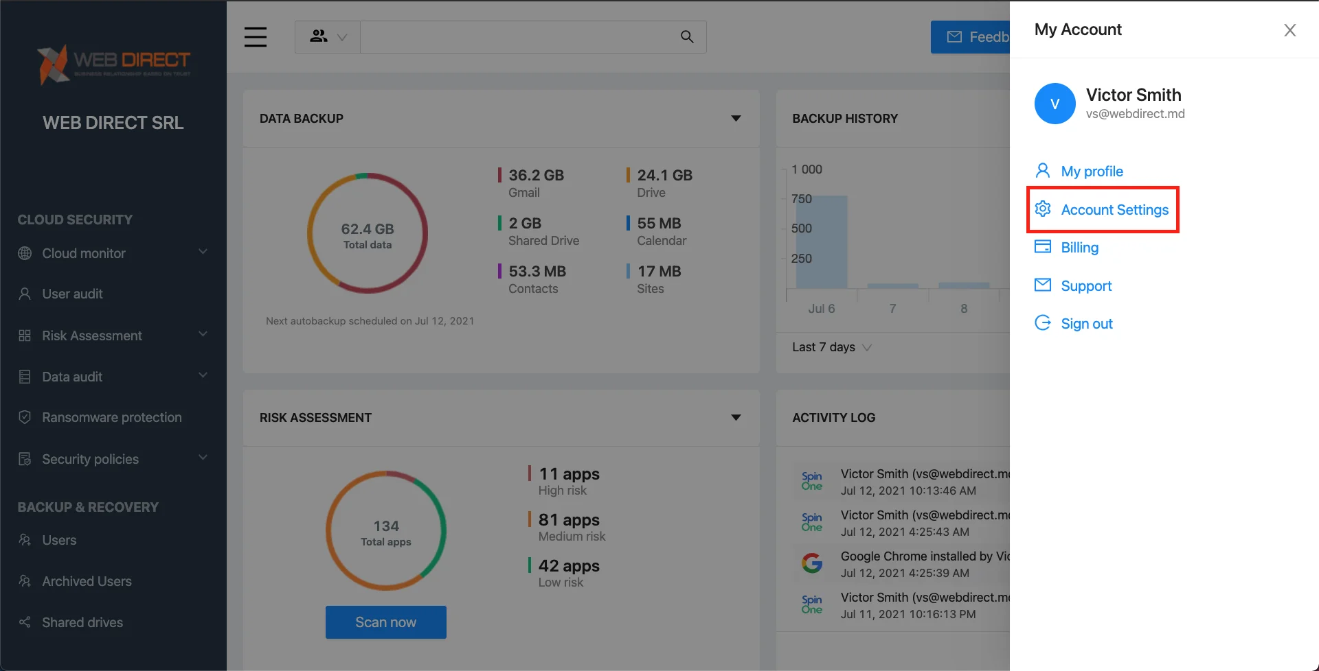 Screen displaying backup frequency options in Microsoft 365 settings