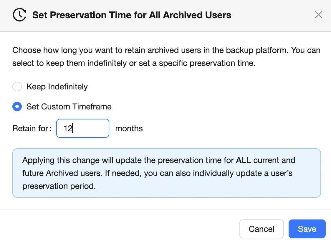 Archive License Preservation Time Setting | Spin.AI Google Workspace archive license preservation time setting screen