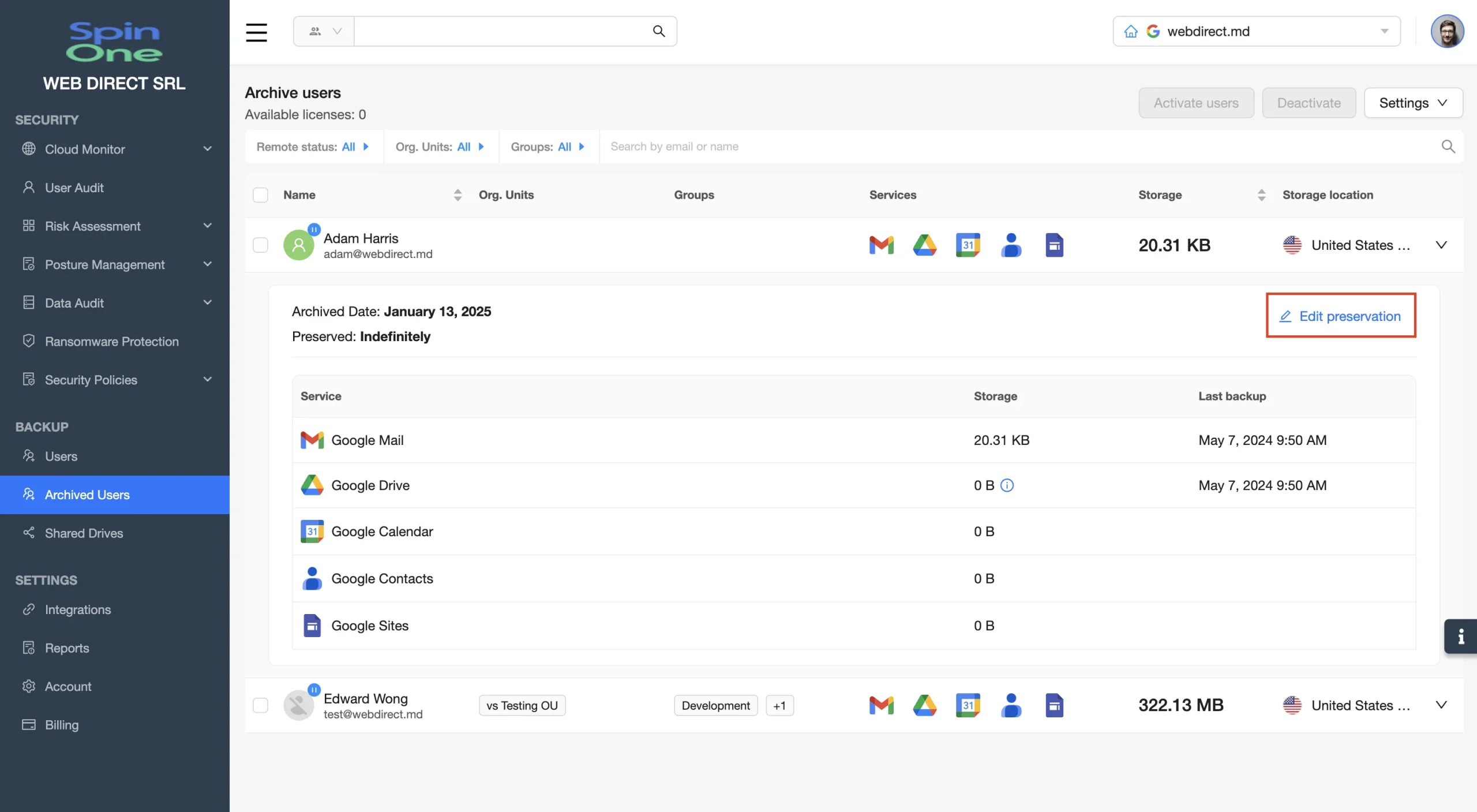 Individual Archive License Preservation Settings | Spin.AI Google Workspace individual preservation settings for archive licenses