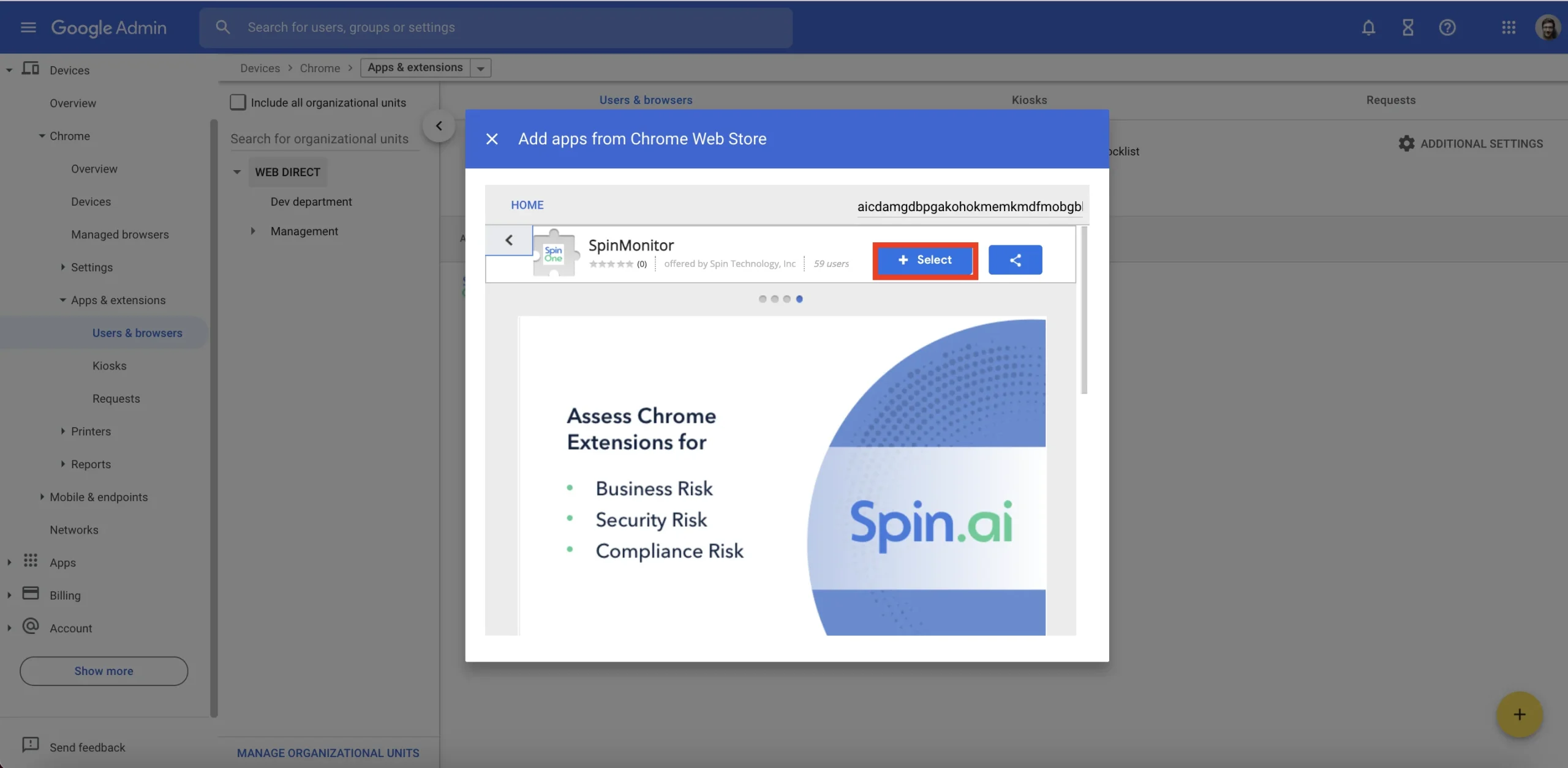 SpinMonitor Install 8-34 PM | Spin.AI Screenshot showing SpinMonitor Chrome extension installation at 8:34 PM