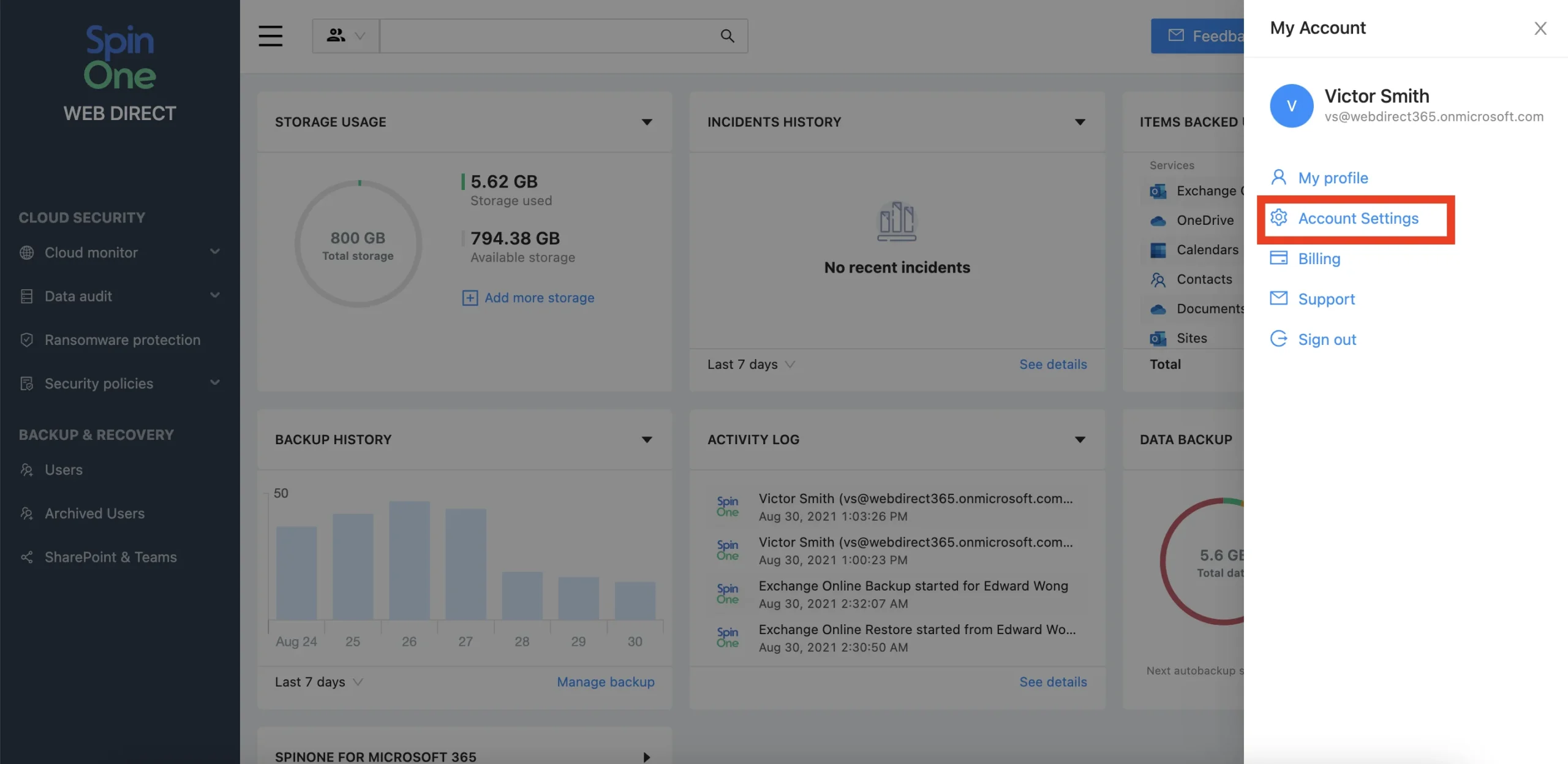 Screenshot of Microsoft 365 permissions error on Spin.AI admin dashboard