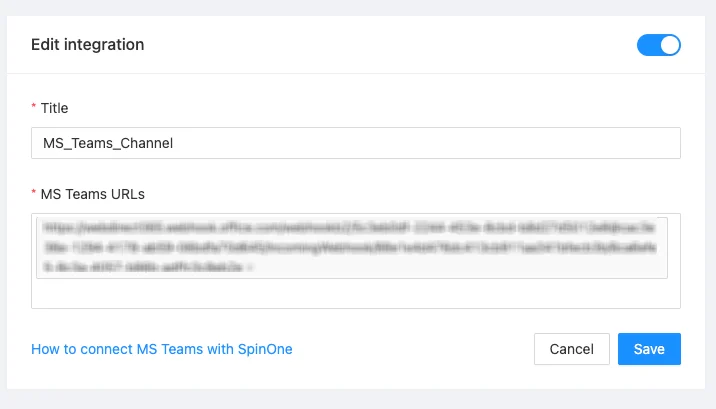 Edit integration settings screen for Microsoft Teams