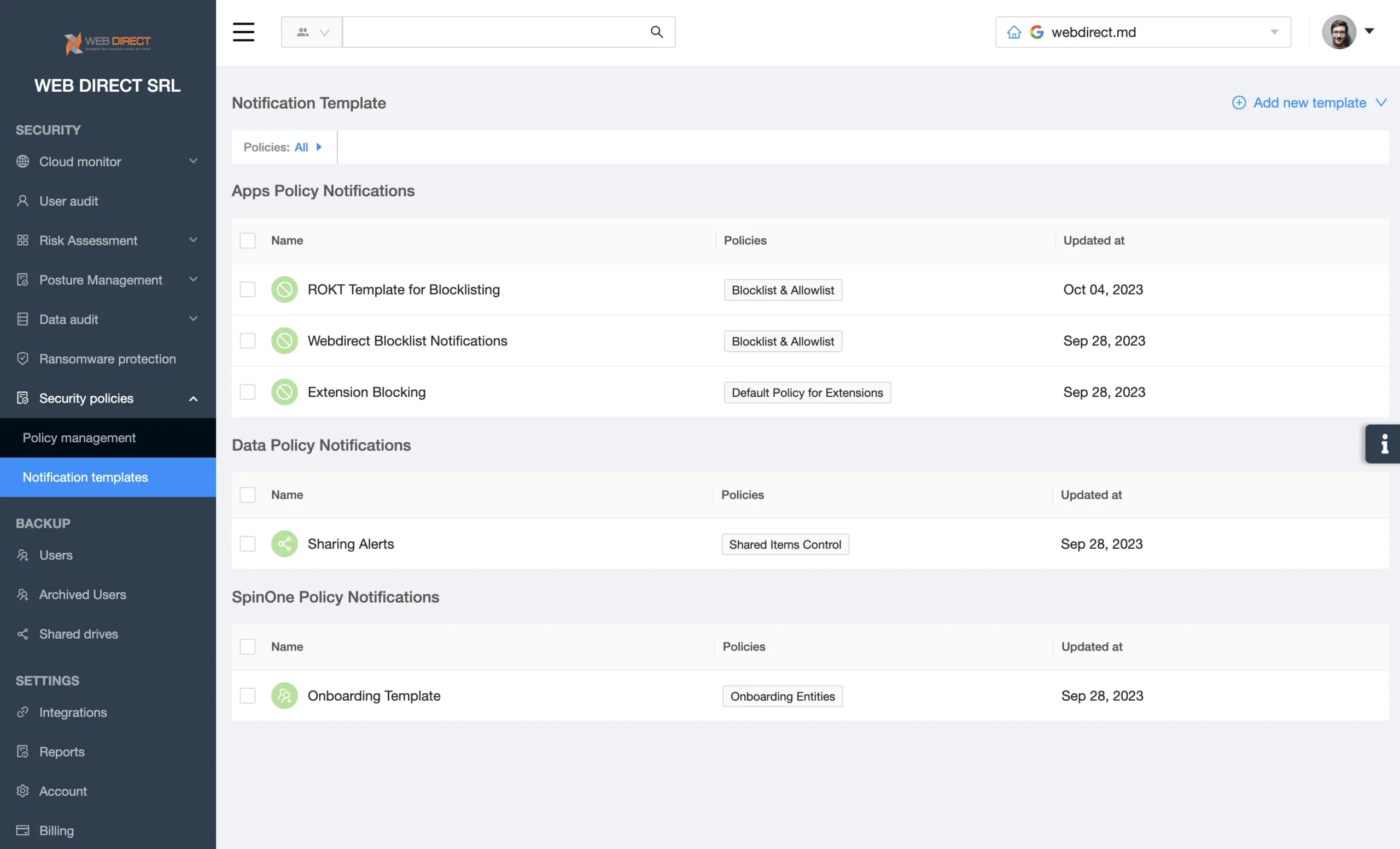 Notification Templates for Policies | Spin.AI Notification templates for Microsoft 365 policies screen